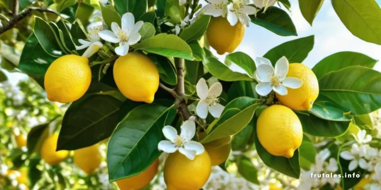 Foto en primer plano de las ramas de un limonero 4 estaciones con limones maduros y flores blancas, destacando el color amarillo de los frutos.